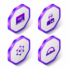 Set Isometric Chalkboard, Teacher, Molecule and Protractor grid icon. Purple hexagon button. Vector