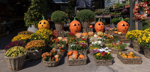 Pumpkins, baskets with bushes of bright chrysanthemums, beautifully decorated gift baskets with autumn flowers, plants and vegetables for home and garden decoration.