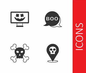 Set Skull, Happy Halloween holiday, on crossbones and Boo speech bubble icon. Vector