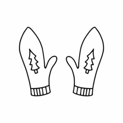 Winter mitt in style of doodles. Vector linear icon. Sticker for New Year and Christmas.