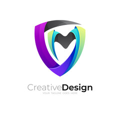 Shield logo and letter M design combination, security icons