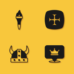 Set Torch flame, King crown, Viking horned helmet and Crusade icon with long shadow. Vector