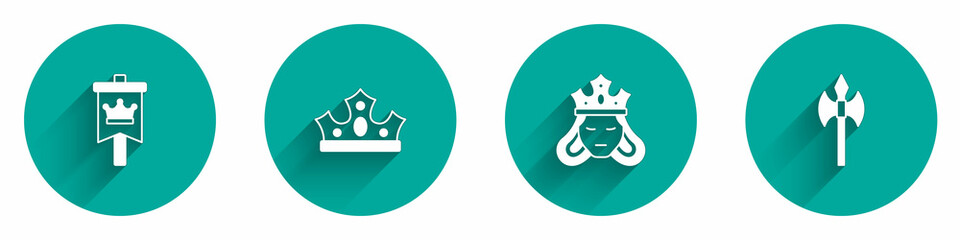 Set Medieval flag, King crown, Princess or queen and axe icon with long shadow. Vector
