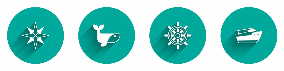 Set Wind rose, Whale, Ship steering wheel and Speedboat icon with long shadow. Vector