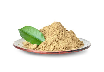 Plate with hojicha powder on white background