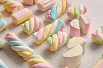 Sweet marshmallows on light background, closeup