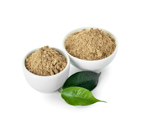 Bowls with hojicha powder on white background