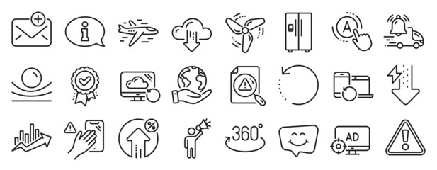 Set of Technology icons, such as Brand ambassador, Wind energy, Growth chart icons. Search document, Information, Ab testing signs. Cloud download, Elastic material, Recovery data. Warning. Vector