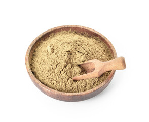 Bowl with hojicha powder on white background