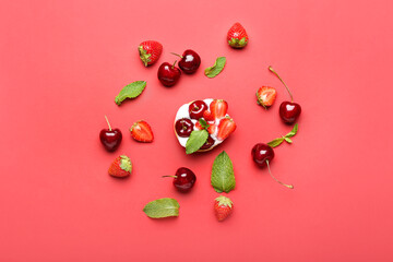 Composition with tasty berry tart on color background