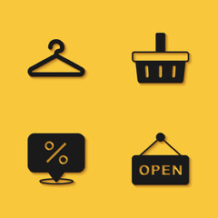 Set Hanger wardrobe, Hanging sign with text Open, Discount percent tag and Shopping basket icon with long shadow. Vector