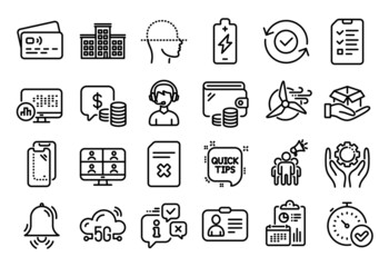 Vector set of Id card, Delete file and Consultant line icons set. Calendar report, Money wallet and Credit card tag. 5g cloud, Brand ambassador and Hold box icons. Vector
