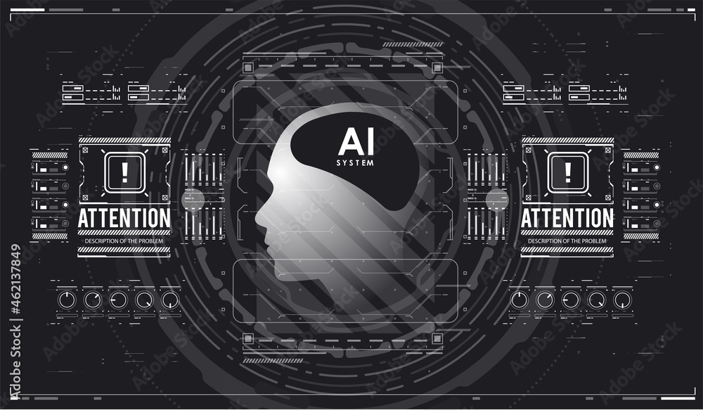Poster futuristic design of an artificial intelligence brain with futuristic hud elements. abstract glowing