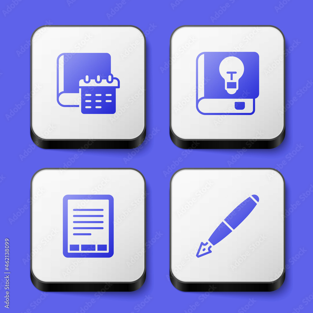 Poster set daily paper notepad, user manual, e-book reader and fountain pen nib icon. white square button. 