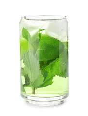 Glass of tasty mint tea on white background