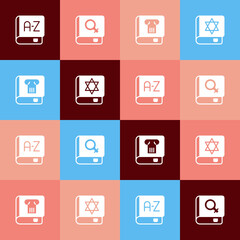 Set pop art Translator book, Book about women, History and Jewish torah icon. Vector