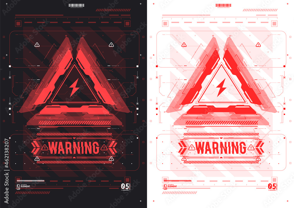 Poster Caution futuristic ski-fi UI design elements in modern technology style. Warning and alert attention signs. Lettering with futuristic user interface elements. Conceptual Layout with HUD elements.