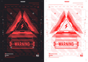 Caution futuristic ski-fi UI design elements in modern technology style. Warning and alert attention signs. Lettering with futuristic user interface elements. Conceptual Layout with HUD elements. - obrazy, fototapety, plakaty