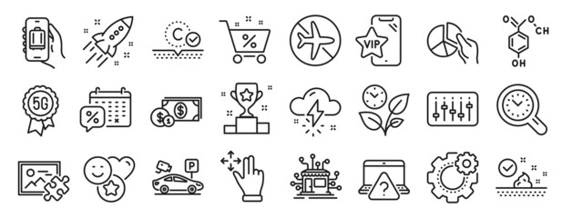 Fototapeta na wymiar Set of Business icons, such as Parking security, Skin care, Thunderstorm weather icons. Pie chart, Startup rocket, Baggage app signs. Flight mode, Discounts calendar, Collagen skin. Leaves. Vector