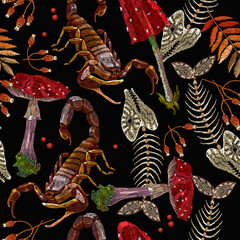 Embroidery fly agarics, fish bone and scorpion. Dark gothic romanntic seamless pattern. Medieval clothes template. Fairy tale forest background