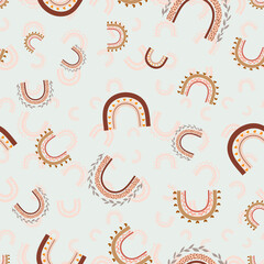 Boho rainbows vector repeat pattern on creme background