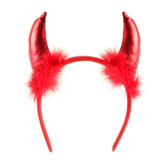Foto op Plexiglas Red devil horns headband for Halloween on white background © Pixel-Shot