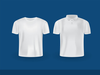 Set Of Realistic Polo And Round Neck T-Shirt Mockup Isolated On Blue Background.