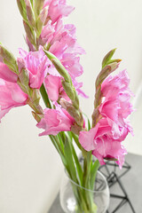 Vase with beautiful gladiolus flowers on color background, closeup