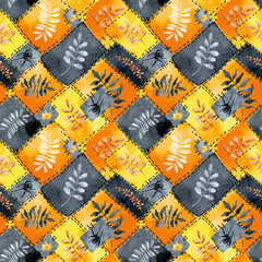 Seamless pattern with plants, autumn leaves, twigs on a patchwork background. Hand drawn watercolor illustration, digital paper. Halloween design, Thanksgiving