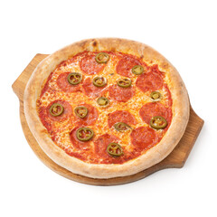 Pizza pepperoni with hot pepper jalapeno isolated on white background. Tasty pizza on wooden dish or tray for design menu and promotional
