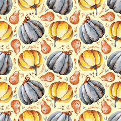 Autumn bouquet of pumpkins, sunflower, berries, fallen leaves. Seamless pattern with flower arrangement, watercolor illustration on a yellow background. Halloween holiday design, Thanksgiving, harvest