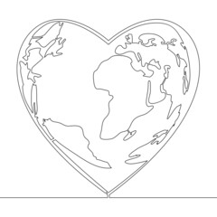 Continuous line drawing heart and world concept