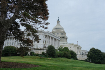 Detail view of historic Capitol building with dome and columns in green tree park in Washington DC,...