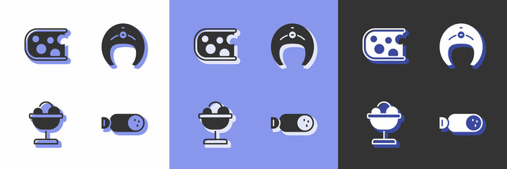 Set Salami sausage, Cheese, Ice cream in the bowl and Fish steak icon. Vector