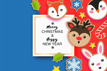 Obraz na płótnie Canvas Happy New Year and Merry Christmas Greeting card. Christmas gingerbread paper cut style. Animals. Deer, Fox, Rabbit, Penguin. Square frame. Winter holidays.