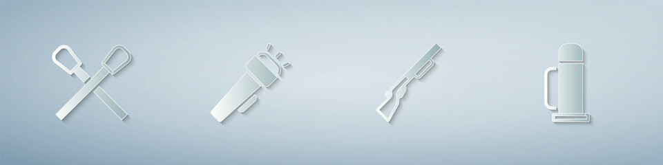 Set Burning match with fire, Flashlight, Hunting gun and Thermos container. Paper art style. Vector