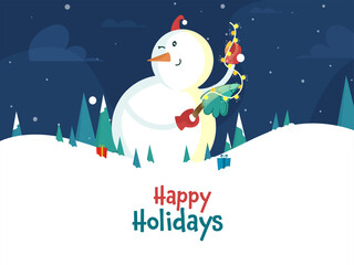 Happy Holidays Poster Design With Snowman Decorated Xmas Tree From Lighting Garland On Snowy Blue Background.