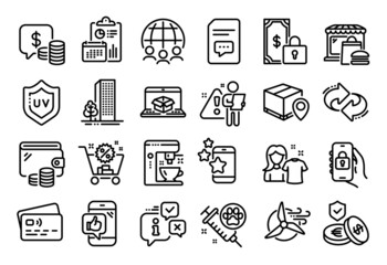 Vector set of Refresh, Search employee and Private payment line icons set. Calendar report, Money wallet and Credit card tag. Parcel tracking, Dog vaccination and Coins icons. Vector