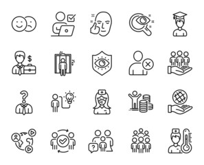 Vector set of Online voting, Best buyers and Safe planet line icons set. Elevator, Family questions and Thermometer icons. Student, Approved teamwork and Group people signs. Vector
