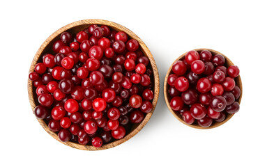 Bowls of ripe cranberries on white background