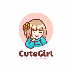 Vector Logo Illustration Cute Girl Mascot Cartoon Style.