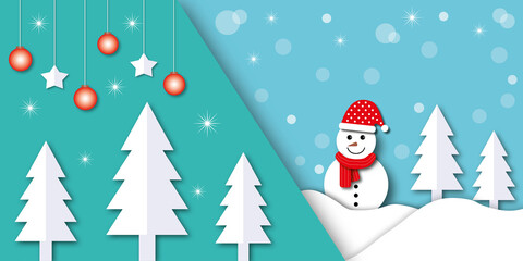 Marry Christmas with snowman on pastel background. Christmas and new year concept. winter snowy backdrop. festive winter holiday, web, poster, card, ad. Space for the text. Paper art design style.