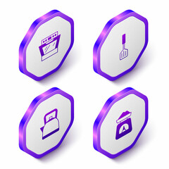 Fototapeta premium Set Isometric Oven, Spatula, Kettle with handle and Scales icon. Purple hexagon button. Vector