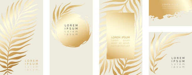 PrintCollection of labels or cards. Vector illustration, set of backgrounds with gold strokes and leaves.