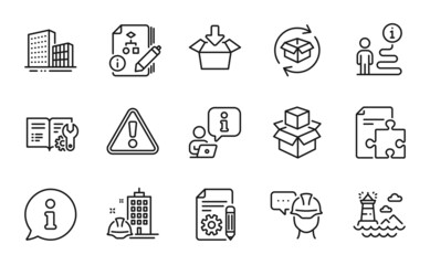 Industrial icons set. Included icon as Construction building, Foreman, Packing boxes signs. Engineering documentation, Documentation, Get box symbols. Buildings, Strategy, Algorithm. Vector