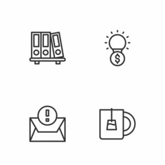 Set line Cup of tea, Envelope, Office folders and Light bulb with dollar icon. Vector