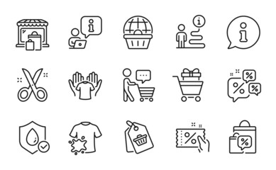 Fashion icons set. Included icon as Online shopping, Discounts chat, Waterproof signs. Shopping trolley, Sale tag, Dirty t-shirt symbols. Buyer think, Scissors, Sale bags. Discount coupon. Vector