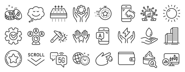 Set of Business icons, such as Hammer blow, Scroll down, Time management icons. Ab testing, Loyalty star, Sunny weather signs. Timer, Skyscraper buildings, Bitcoin. Moisturizing cream. Vector