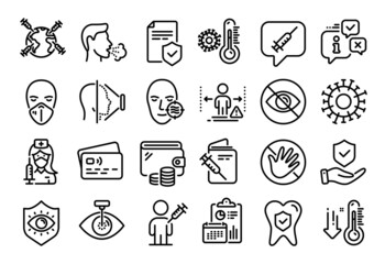 Vector set of Insurance policy, People vaccination and Medical mask line icons set. Calendar report, Money wallet and Credit card tag. Vaccination, Social distance and Dental insurance icons. Vector