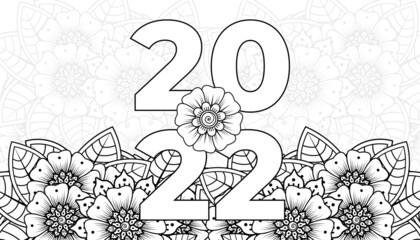 Happy new year 2022 banner or card template with mehndi flower